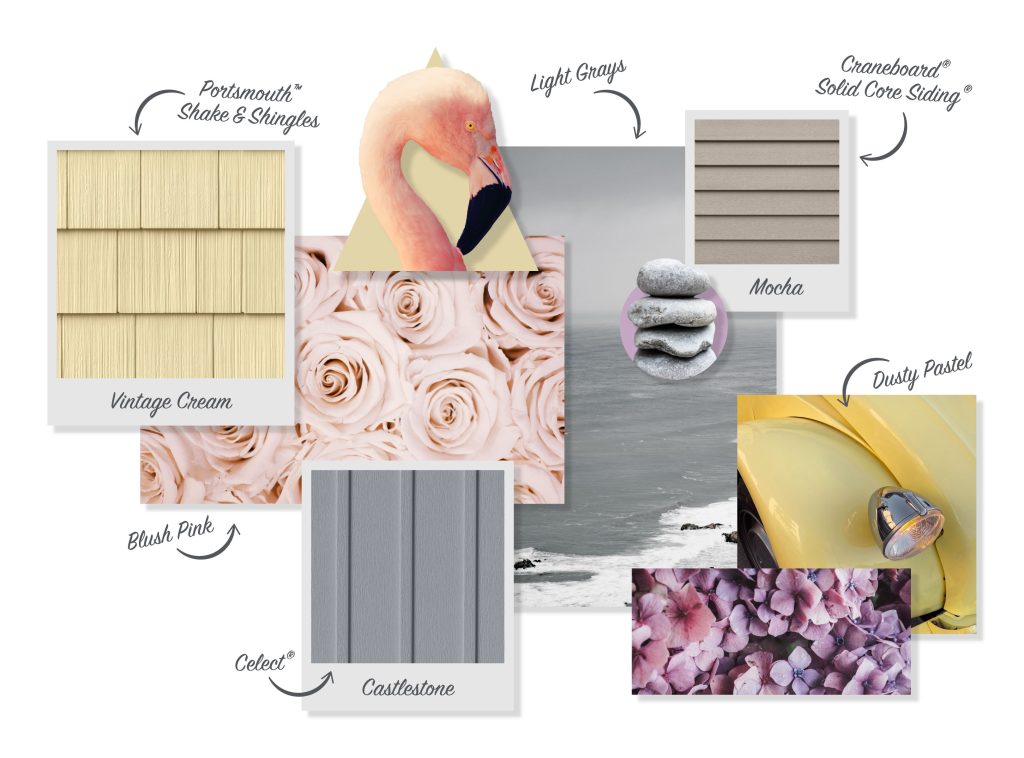 Color trends for 2024, mood board showing shades of calm, including blushes and grays